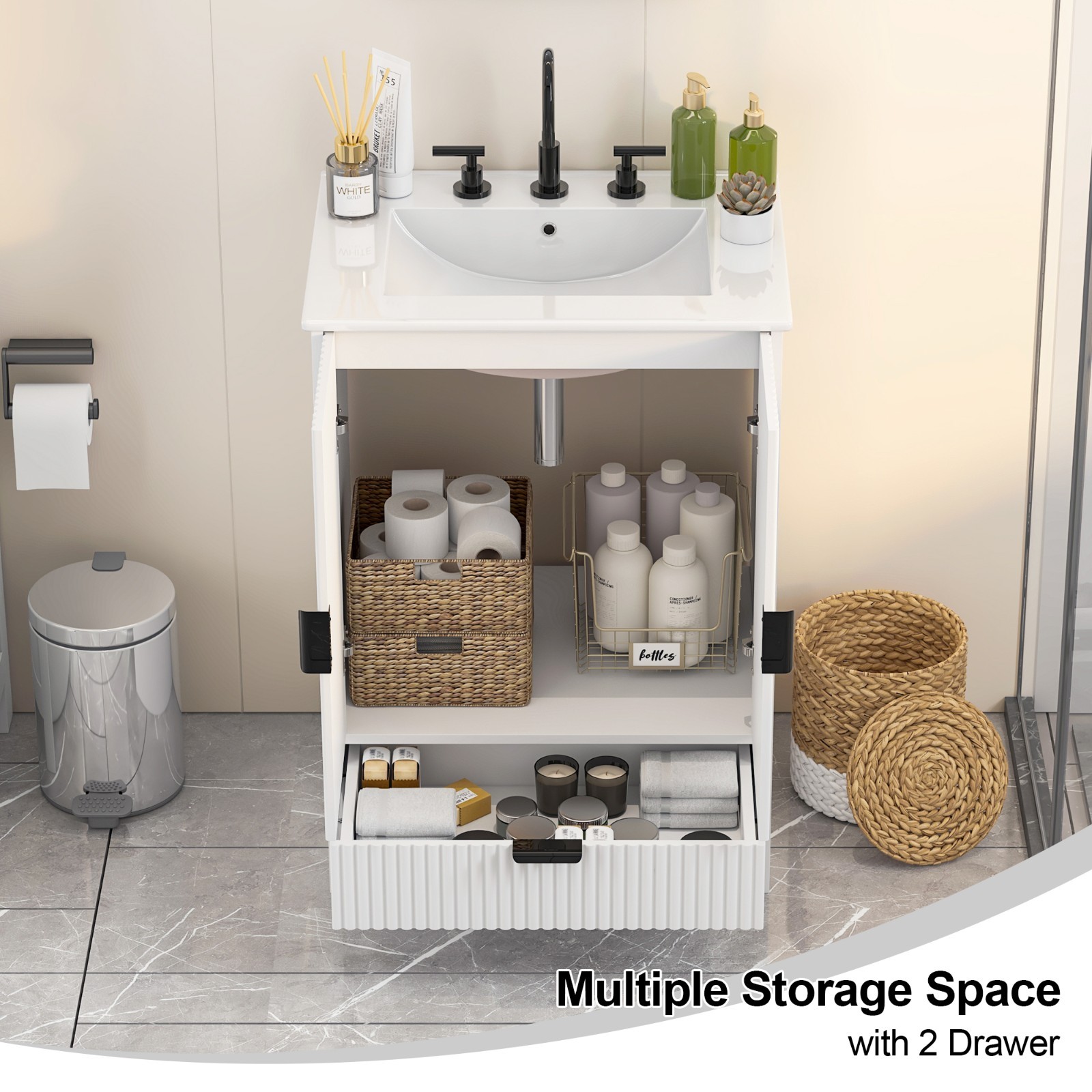 Bathroom Vanity With Sink Freestanding White Cabinet Storage Ceramic Vessel Sink