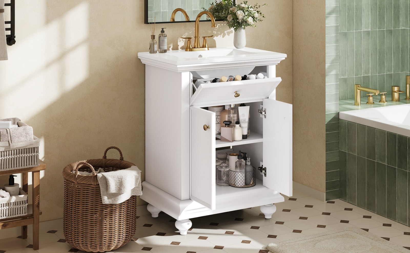24″ Modern Bathroom Vanity with A Tip-Out Drawer & Soft-Close Hinges White
