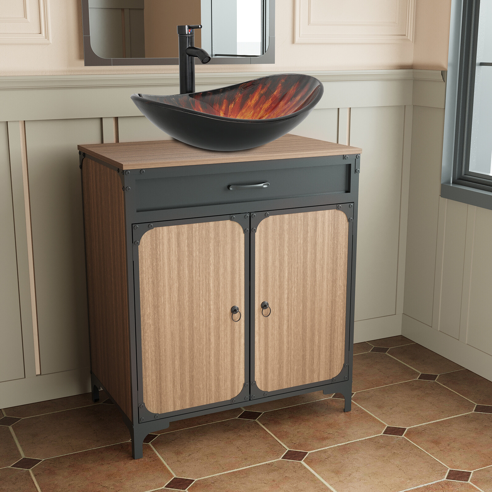 30″ Bathroom Vanity with Vessel Sink Cabinet 2 Doors Storage Organizer Faucet