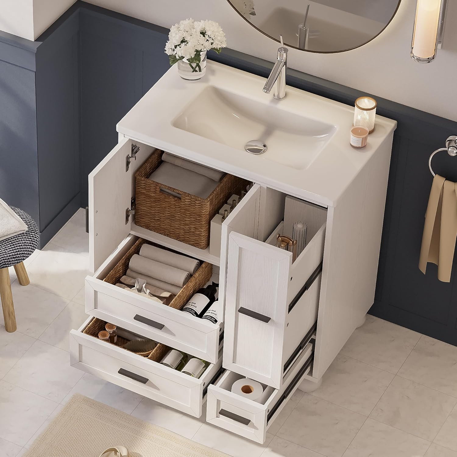 Modern 29.5″ Bathroom Vanity with Sink, Hair Tool Drawer & Quick Assembly