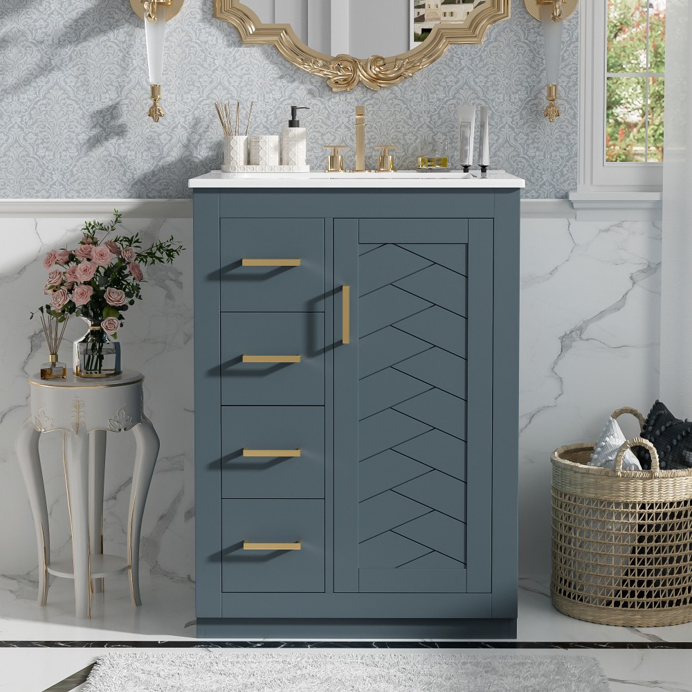 24 Inch Single Sink Bathroom Vanity Ceramic Top Drawers Storage Cabinet