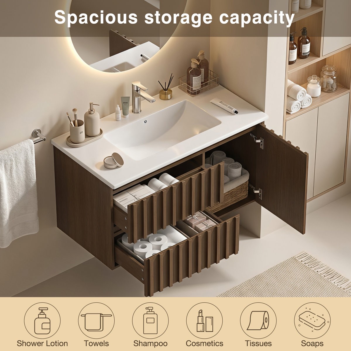36″ Floating Bathroom Vanity with Ceramic Sink Wall Mounted Soft Close Drawers