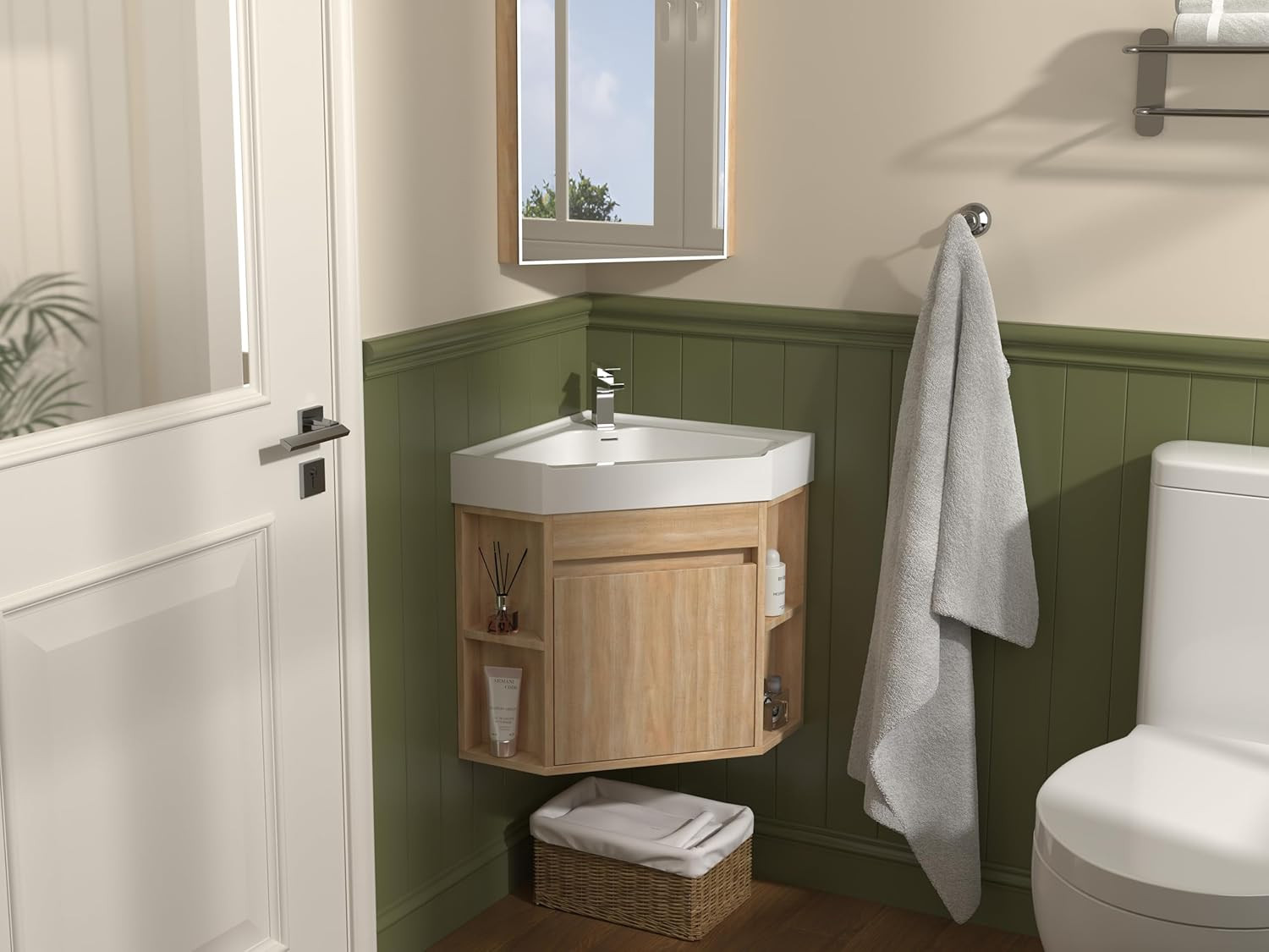 18 Inch Wall Mount Corner Bathroom Vanity with Matte Solid Surface (Light Oak)