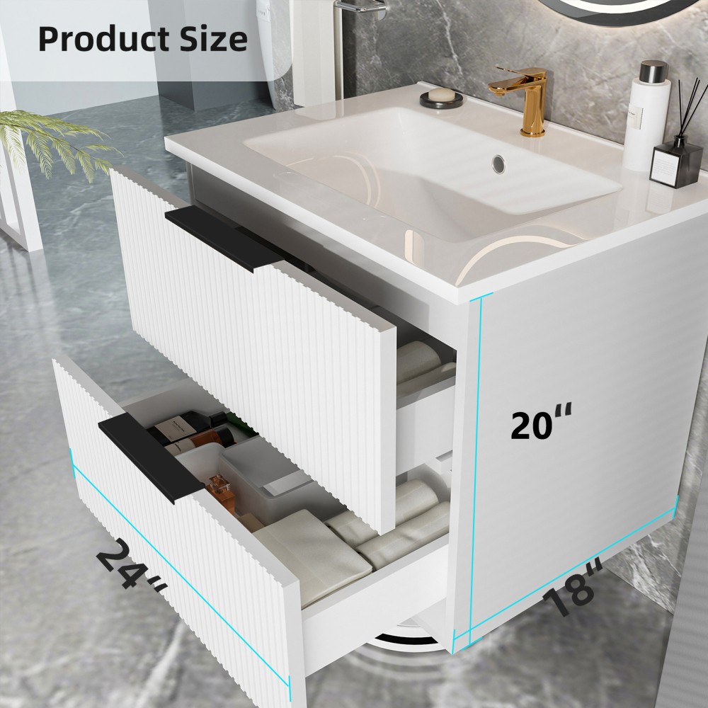Bathroom Vanity Cabinet W Ceramic Sink Drawers Wall Mounted Fluted Vanity