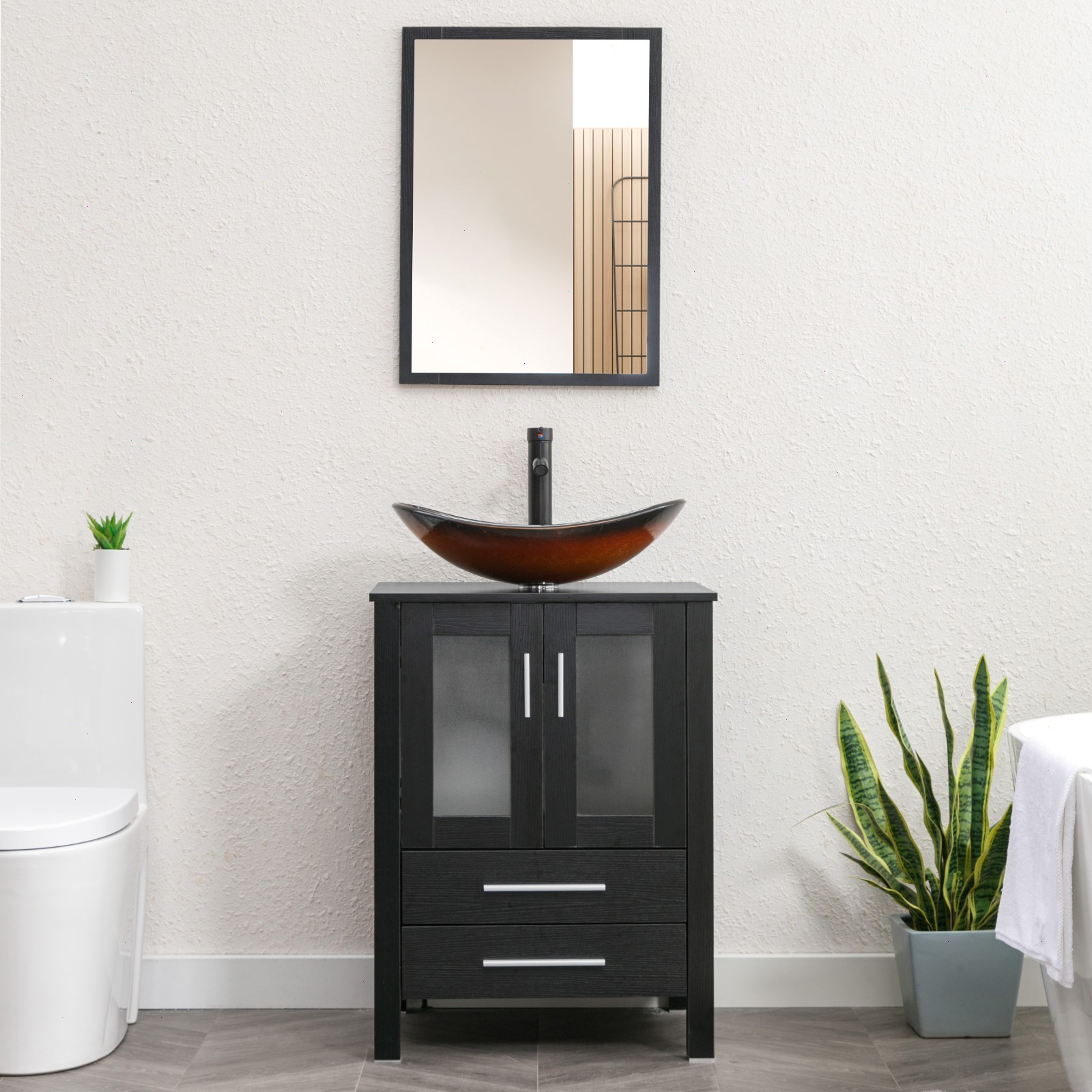 24″ Bathroom Vanity Cabinet Combo Organizer Top Vessel Sink W/ Faucet Drain Hose