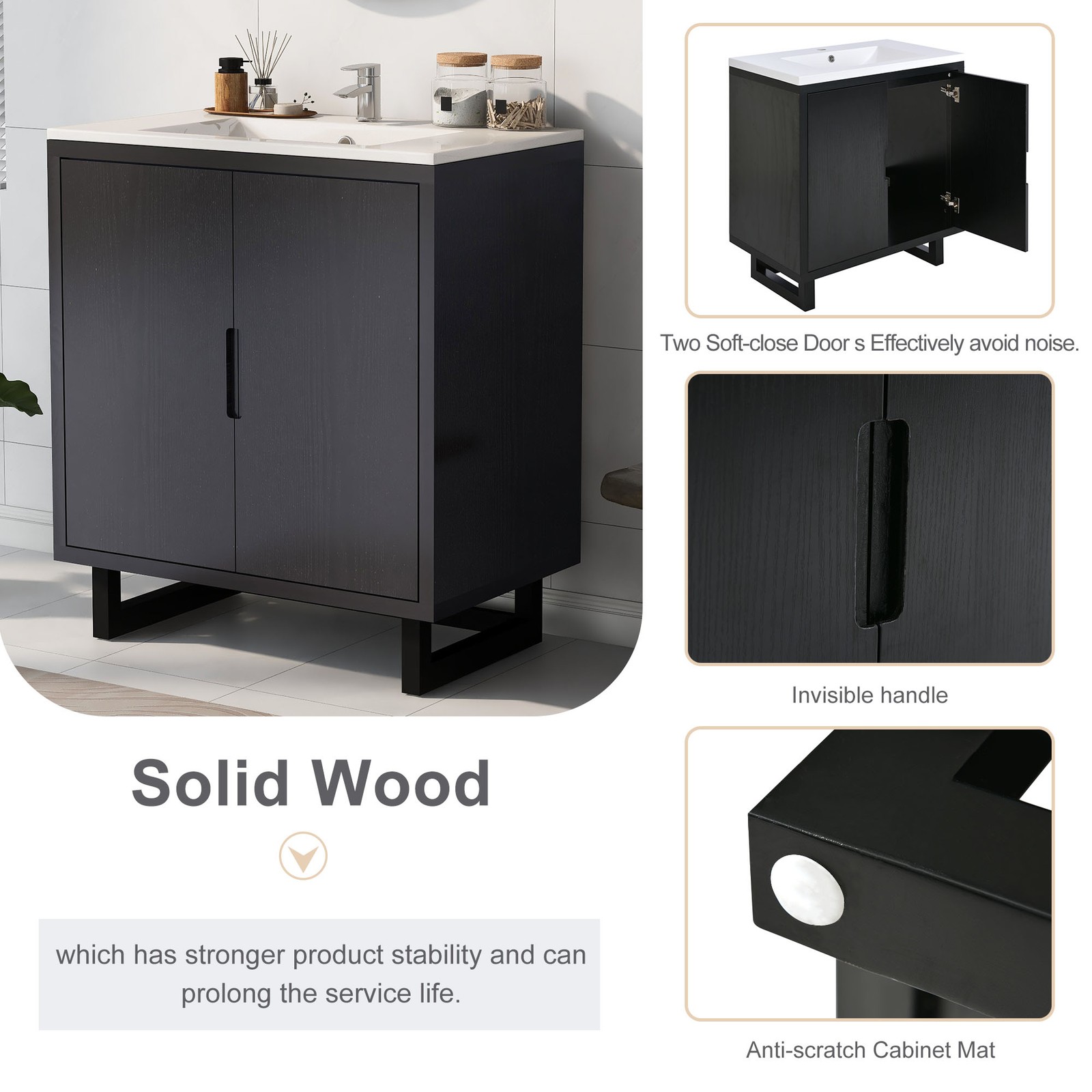 30″ Bathroom Vanity Set with Sink, Solid Wood Frame, Black Cabinet