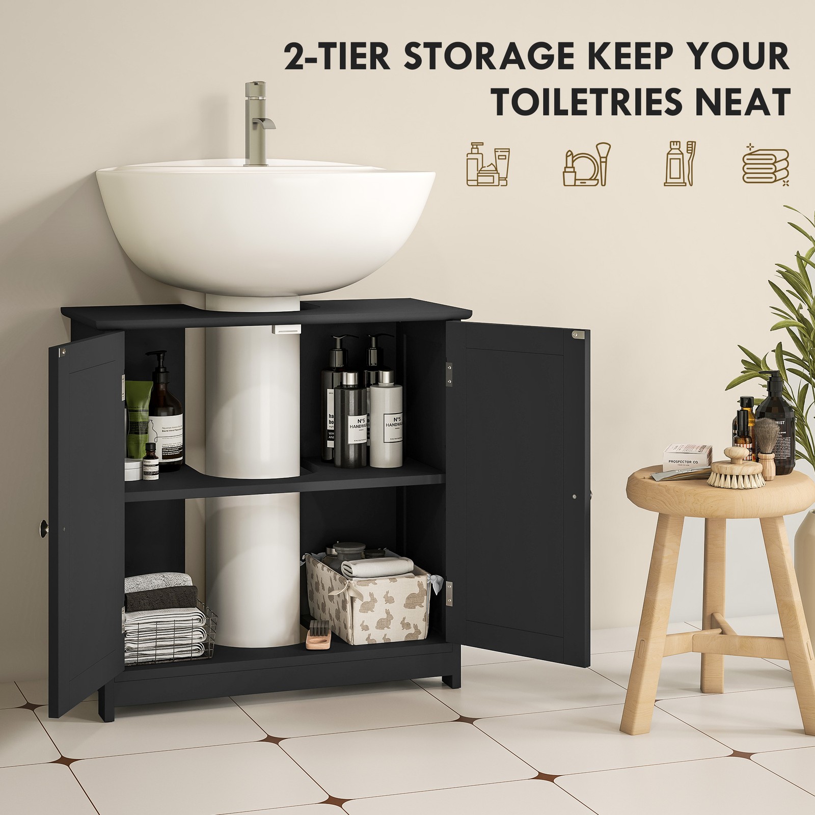 Pedestal Sink Washroom Storage Furniture w/Double Doors and Adjustable Shelf