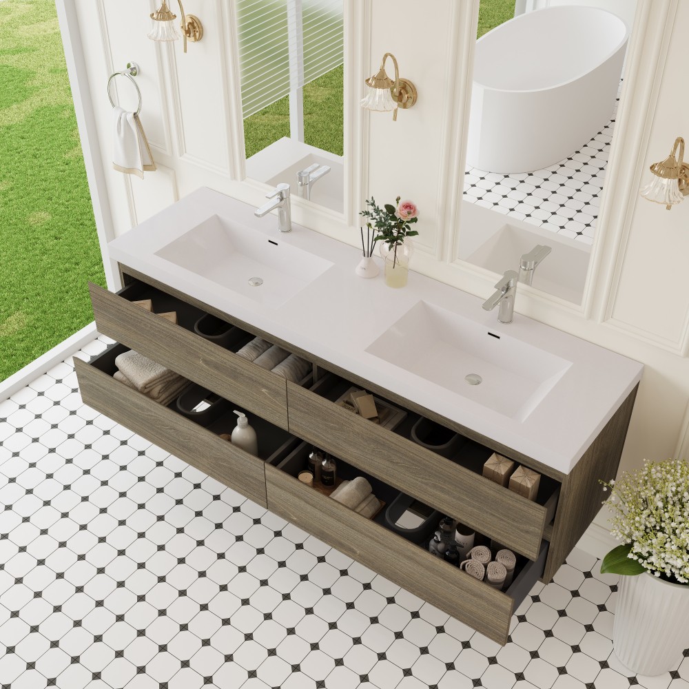 72” Wall Mount Bathroom Vanity with 2 Sinks, Solid Surface Top, Ash Gray