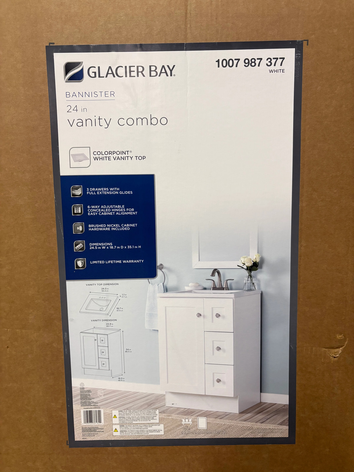 Glacier Bay Bannister 25 in. Single Sink White Bath Vanity Granite Marble Top