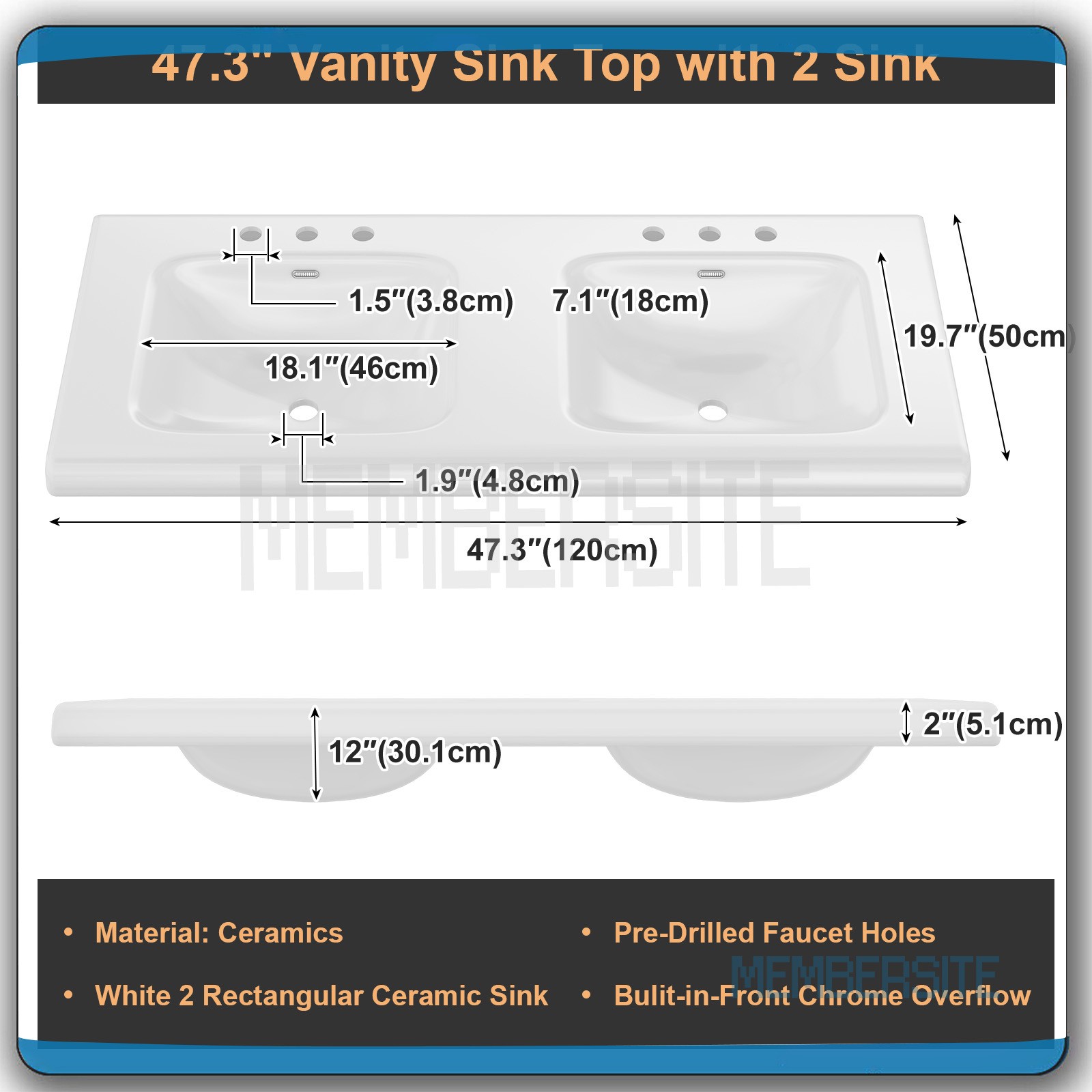 47.3″ Bathroom Vanity Cabinet with Double Sink Ceramic Basin Vanity Freestanding