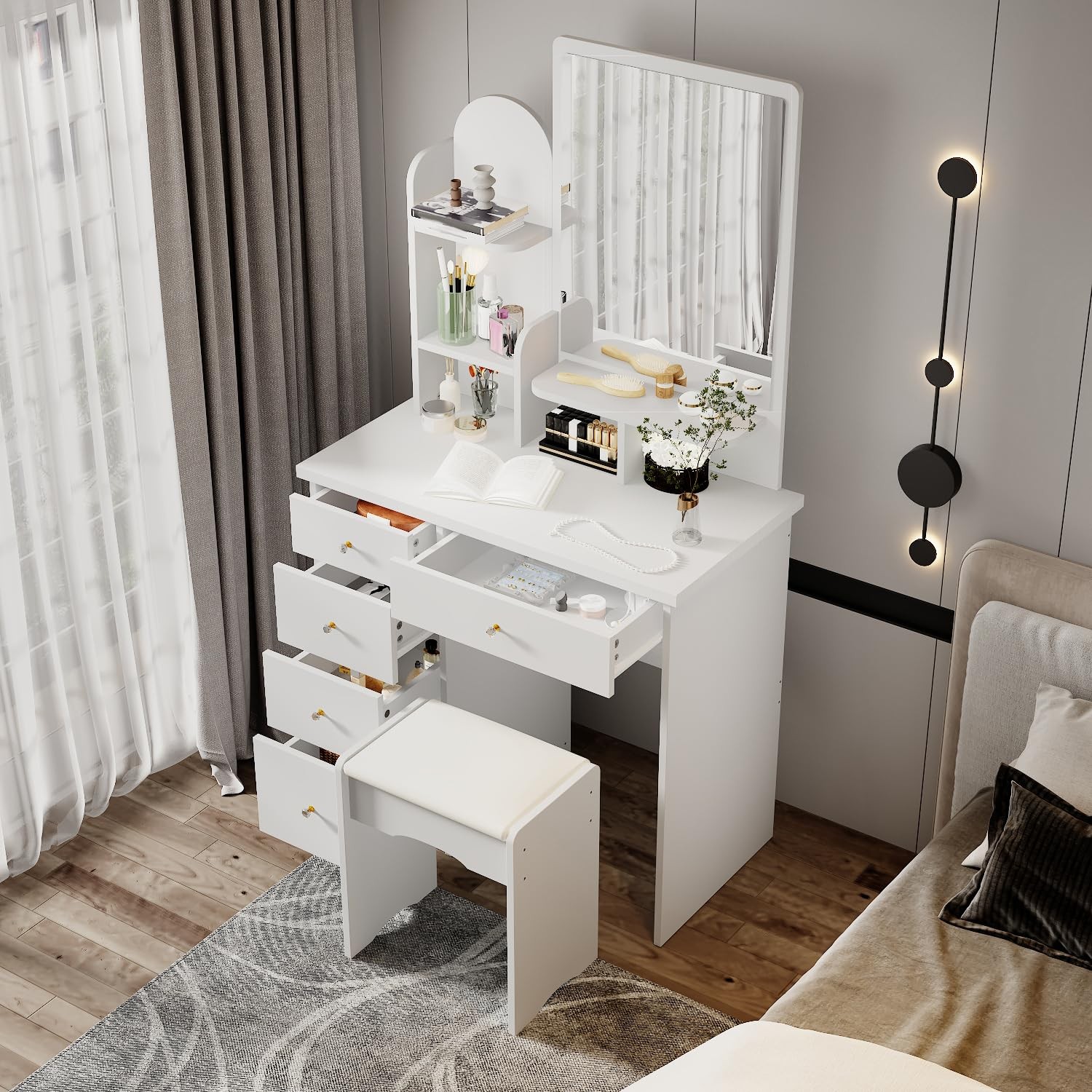 White Vanity Set with Mirror Dressing Table Desk Stool 5 Drawers Shelves