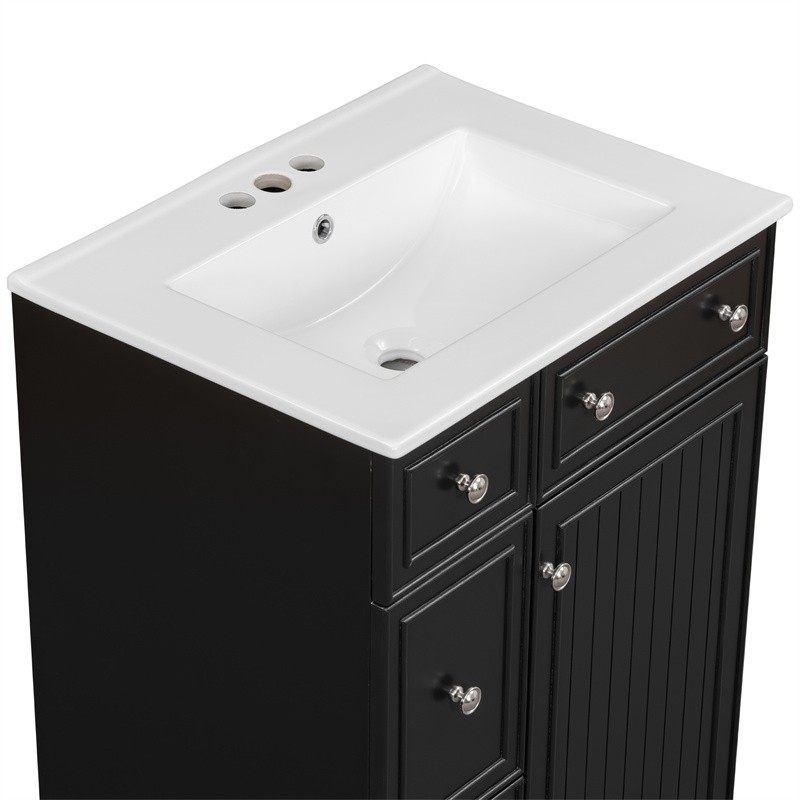 24″ Black Bathroom Vanity Cabinet with Ceramic Sink,2 Drawers,1 Soft-Close Door