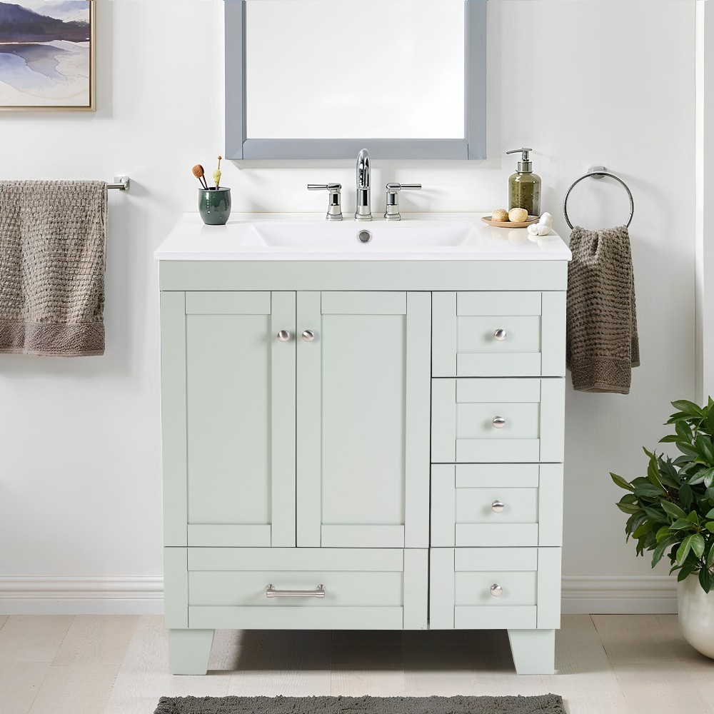 30″ Blue Grey Bathroom Vanity with Ceramic Sink, Soft-Close Drawers, Wood Frame
