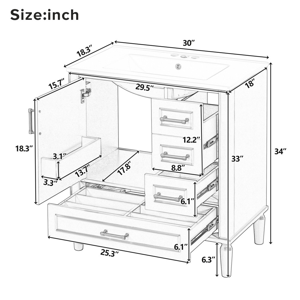 30″ Floor Standing Farmhouse Bathroom Vanity with Ceramic Sink, Metal Handles