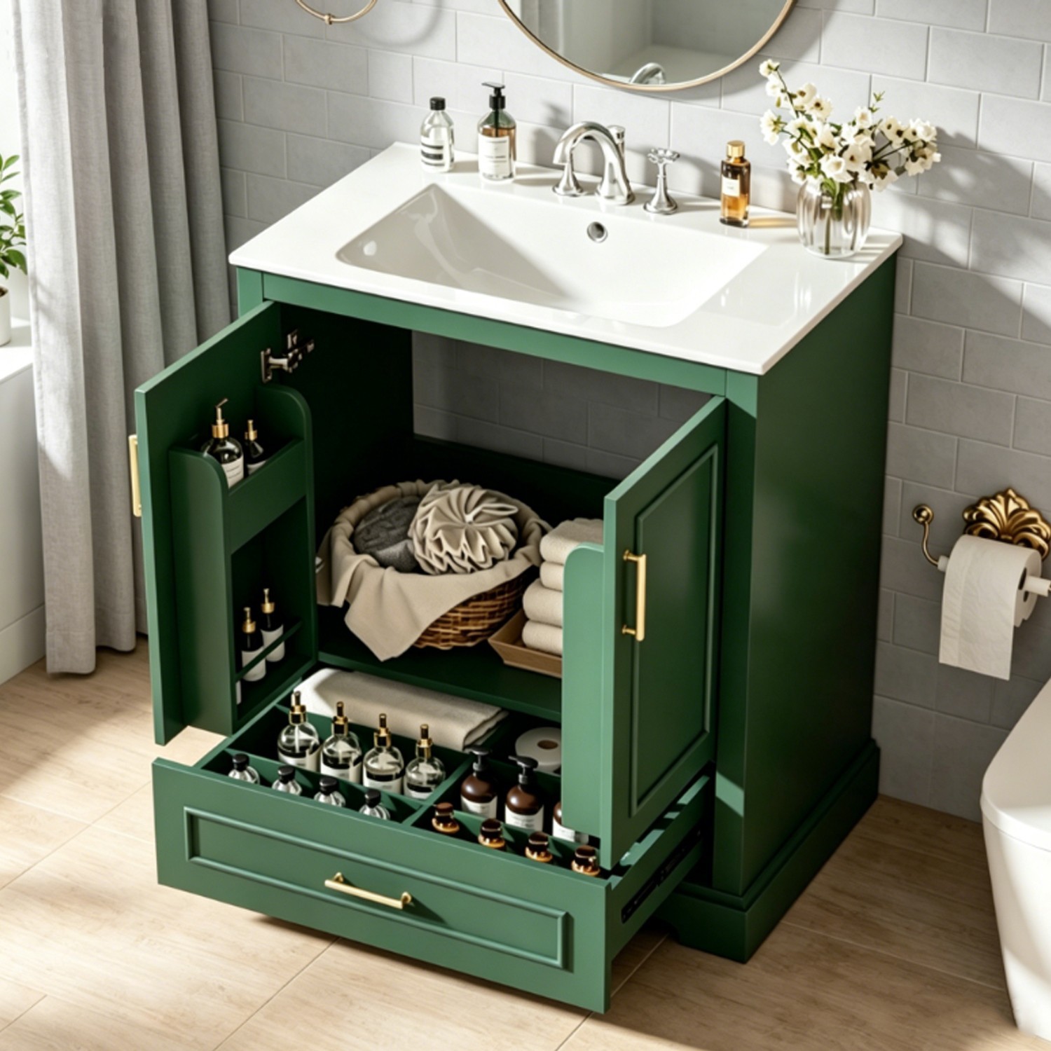 Solid Wood Green Bathroom Sink Vanity Modern Stylish 30 inches Bathroom Vanity