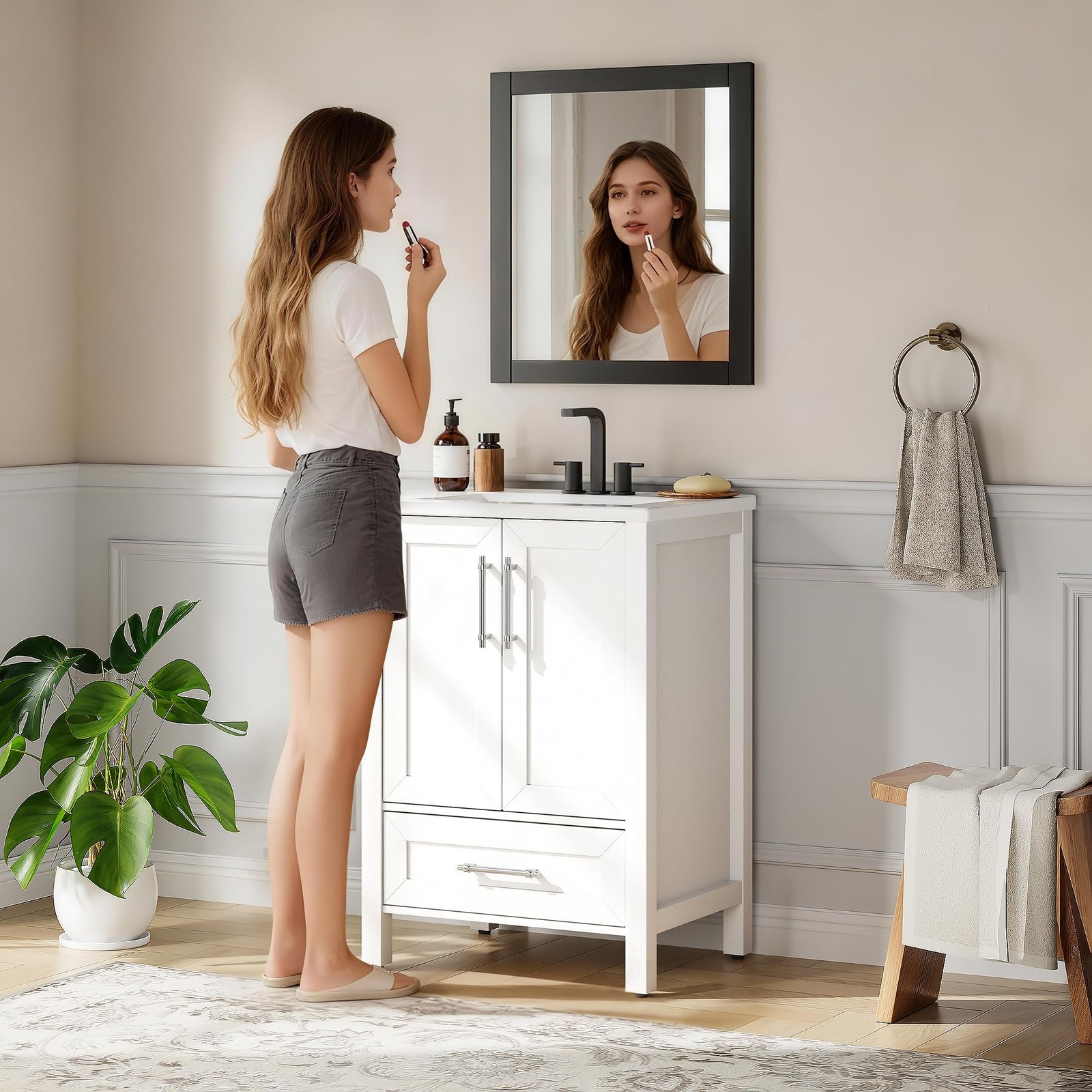 Farmhouse Bathroom Sink Cabinet Freestanding, Storage Vanity w/ Soft-Close Door