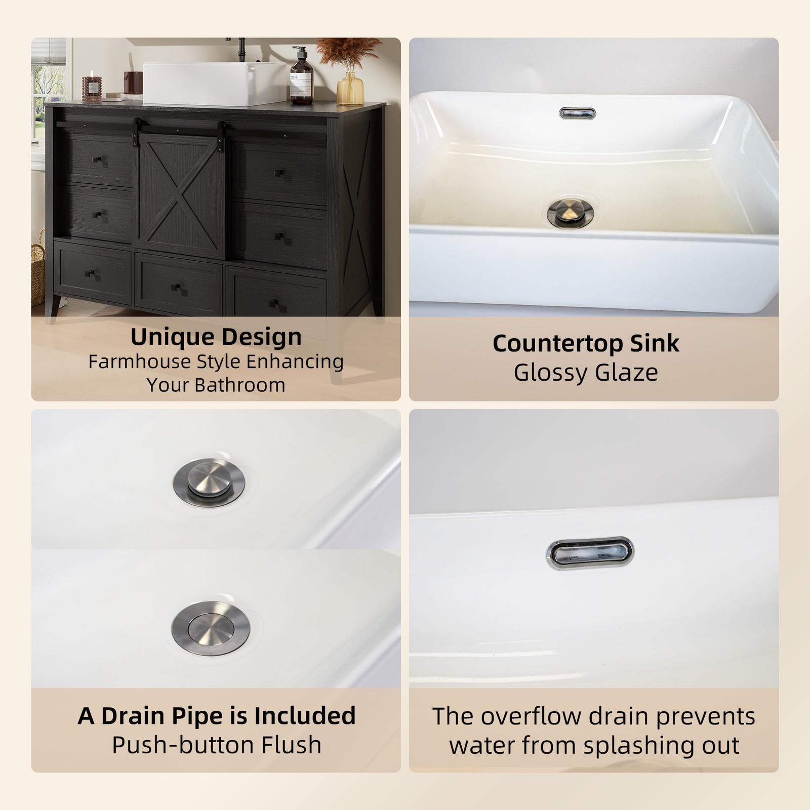 48” Bathroom Vanity w/ Single Sink Ceramic Freestanding Cabinet 7 Drawers & Door