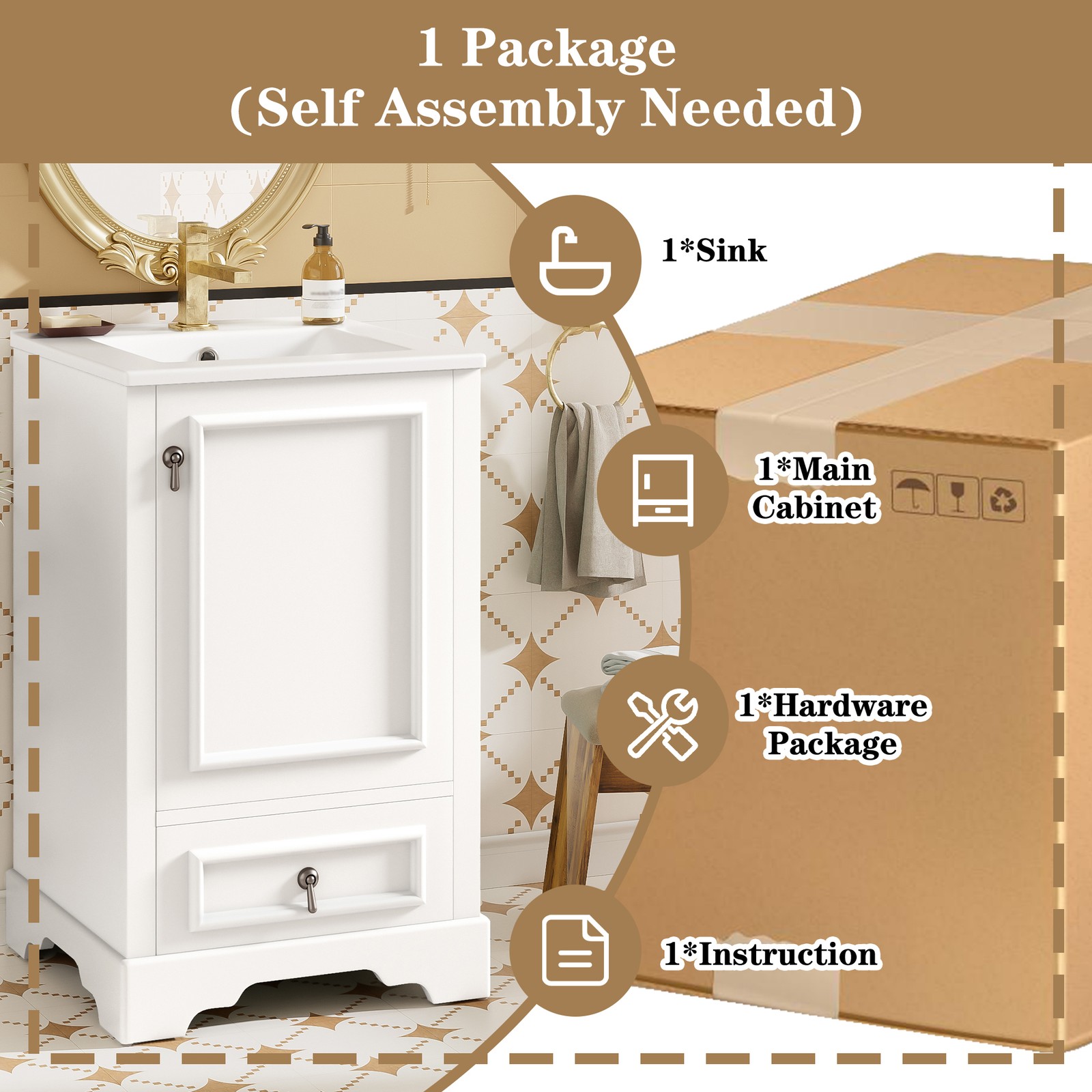 20″ Bathroom Vanity with Ceramic Sink, Soft Close Door, White
