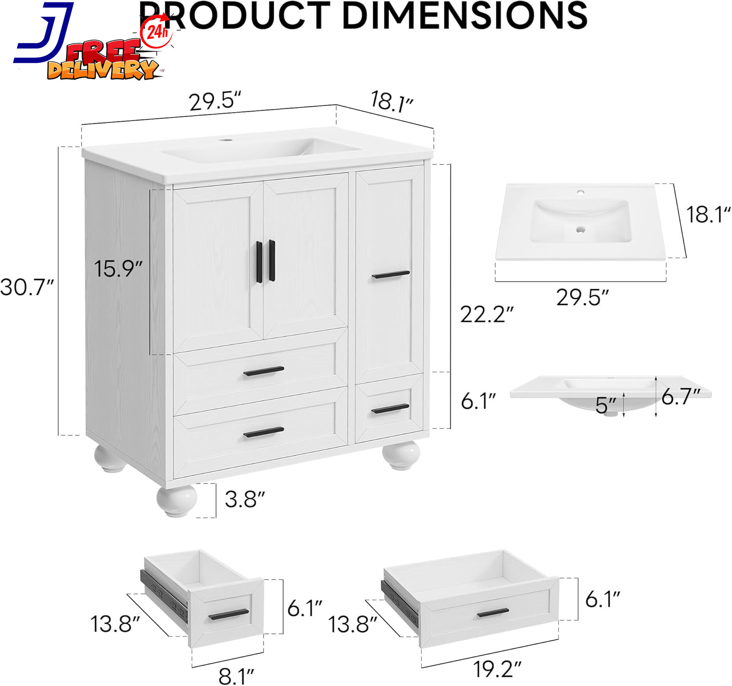 Modern 29.5″ Bathroom Vanity with Sink Hair Tool Drawer & Quick Assembly