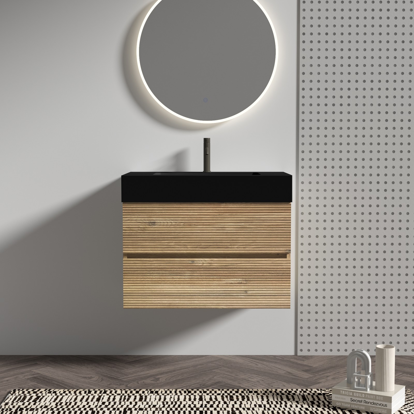 30″ Rough Oak Wall Mounted Bathroom Vanity with Black Sink & Drawers