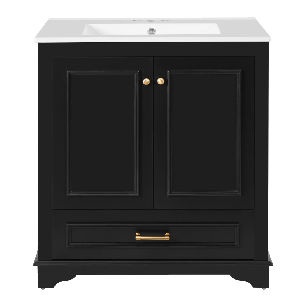 30″ Solid Wood Bathroom Vanity w/Ceramic Sink,2 Soft Close Doors,Storage Cabinet