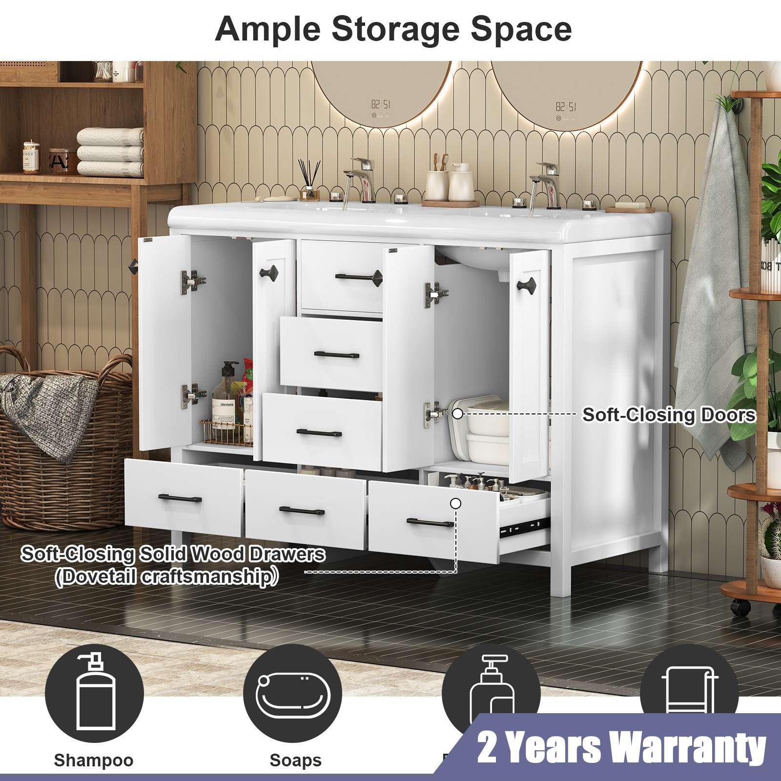 47.3″ Bathroom Vanity Freestanding Double-Basin Ceramic Sink Cabinet Wash Basin