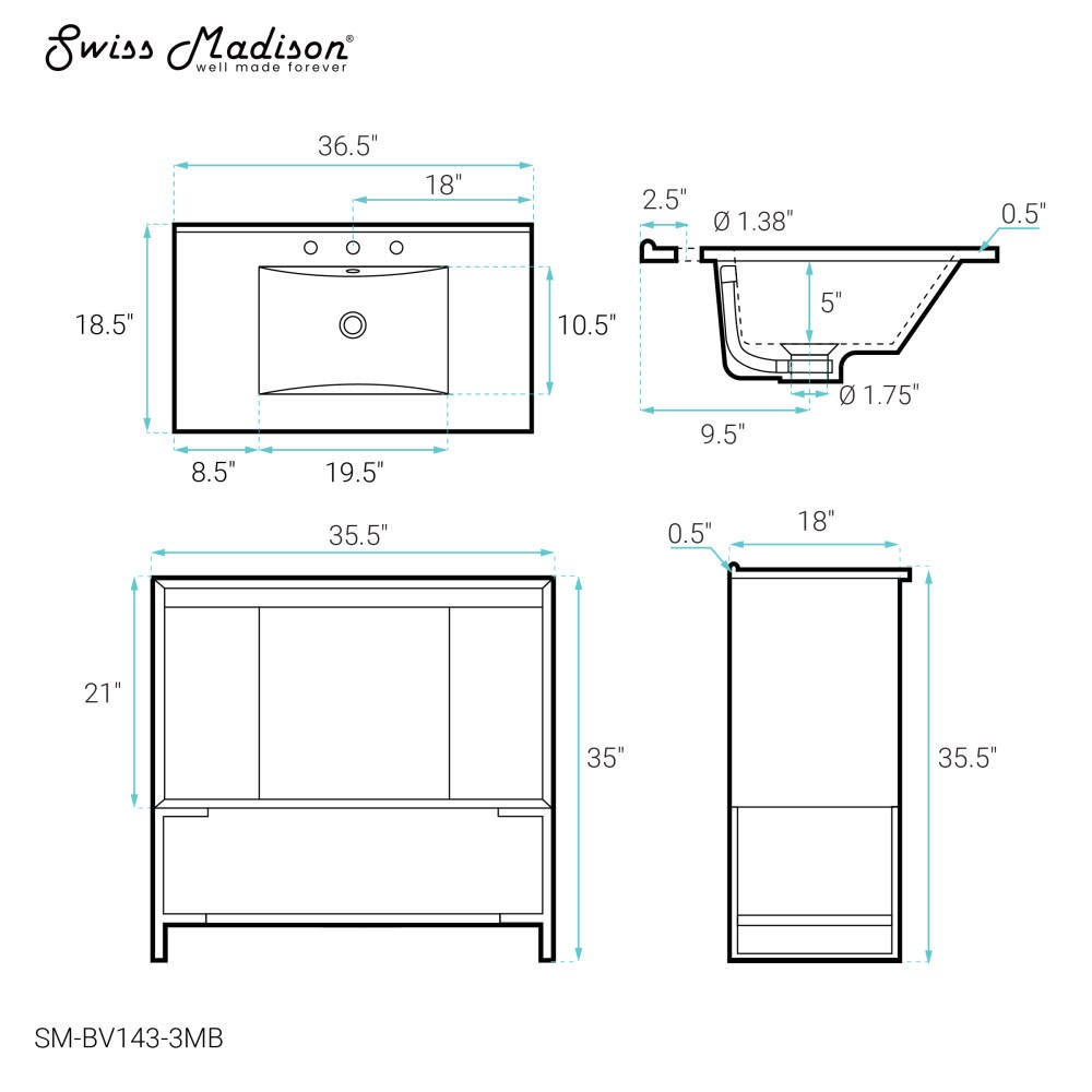 Swiss Madison SM-BV143-3MB Marseille 36″ – Gray Oak / Matte Black