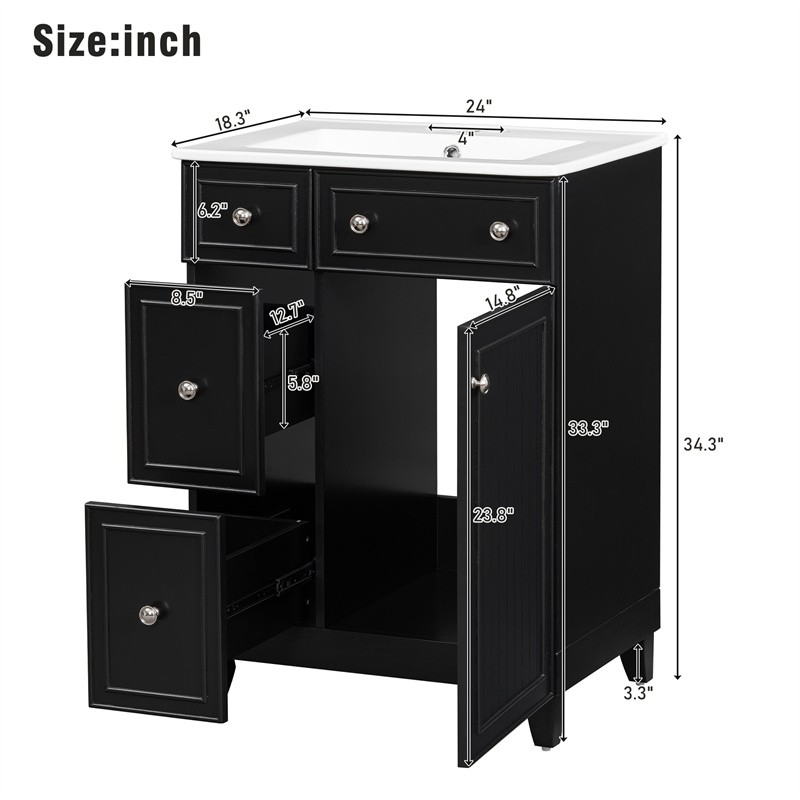 24″ Black Bathroom Vanity Cabinet with Ceramic Sink,2 Drawers,1 Soft-Close Door