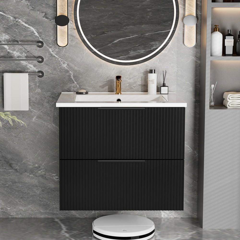 Bathroom Vanity Cabinet W Ceramic Sink Drawers Wall Mounted Fluted Vanity
