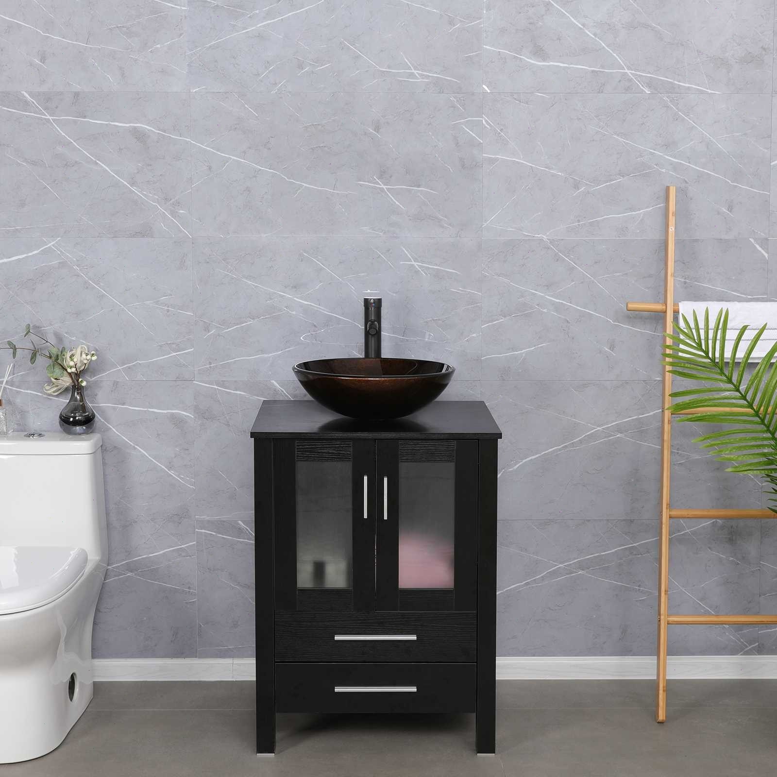 24″ Bathroom Vanity Cabinet Combo Organizer Top Vessel Sink W/ Faucet Drain Hose