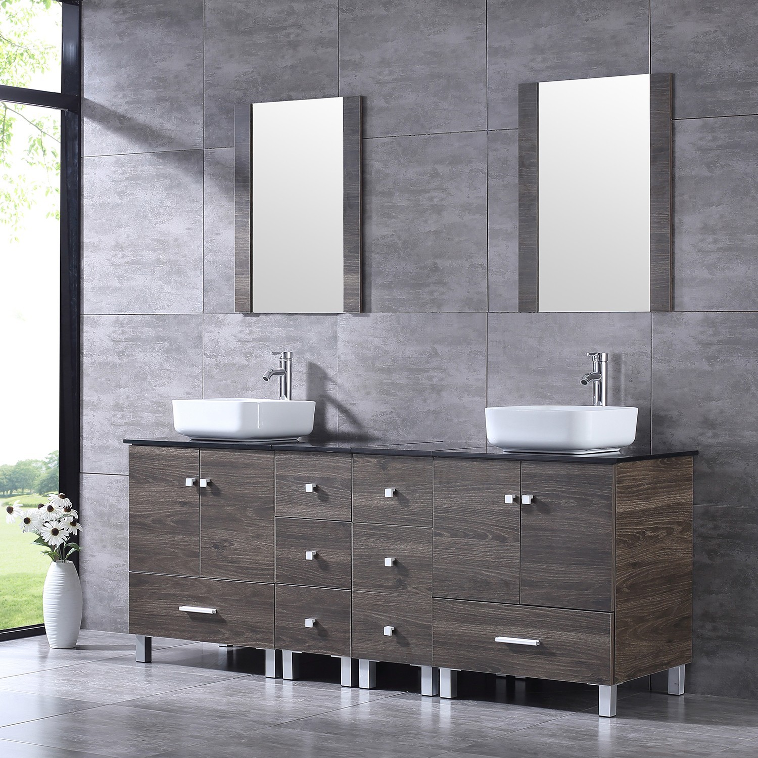 72 inch Double Sink Bathroom Vanity Cabinet Ceramic Vessel Sink w/Mirror Faucet