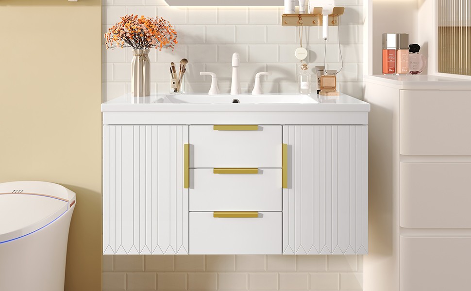36″ Floating Bathroom Vanity Cabinet with 2 Drawers, Solid Wood, White