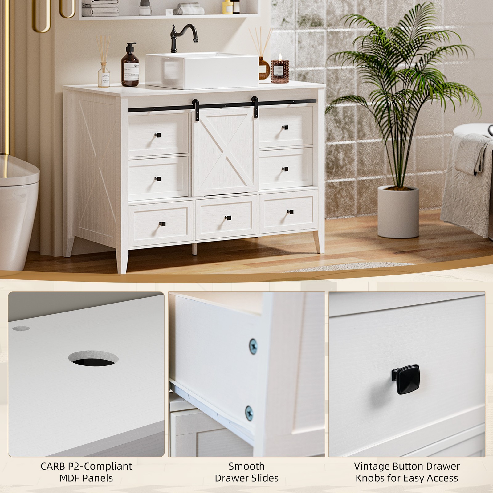 48-inch Bathroom Vanity with Sink Ceramic Freestanding Cabinet Sliding Barn Door