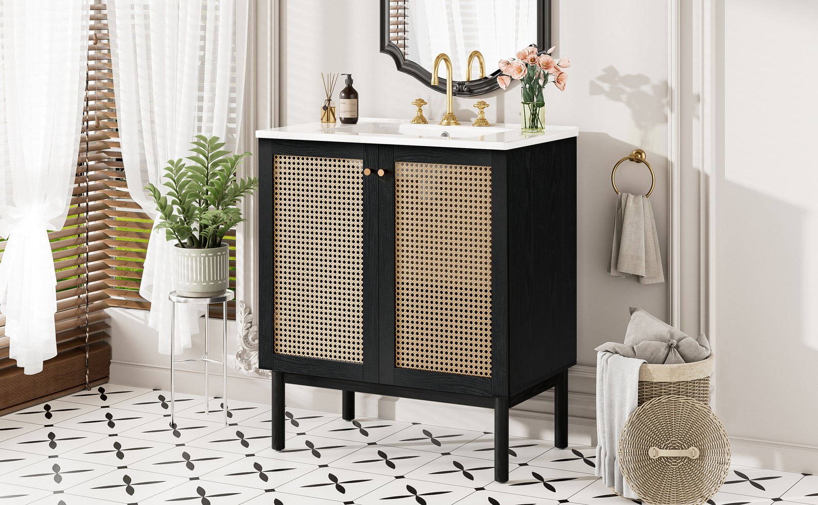 30-inch Bathroom Vanity w/Ceramic Sink Storage Cabinet w/Soft-Close Rattan Door