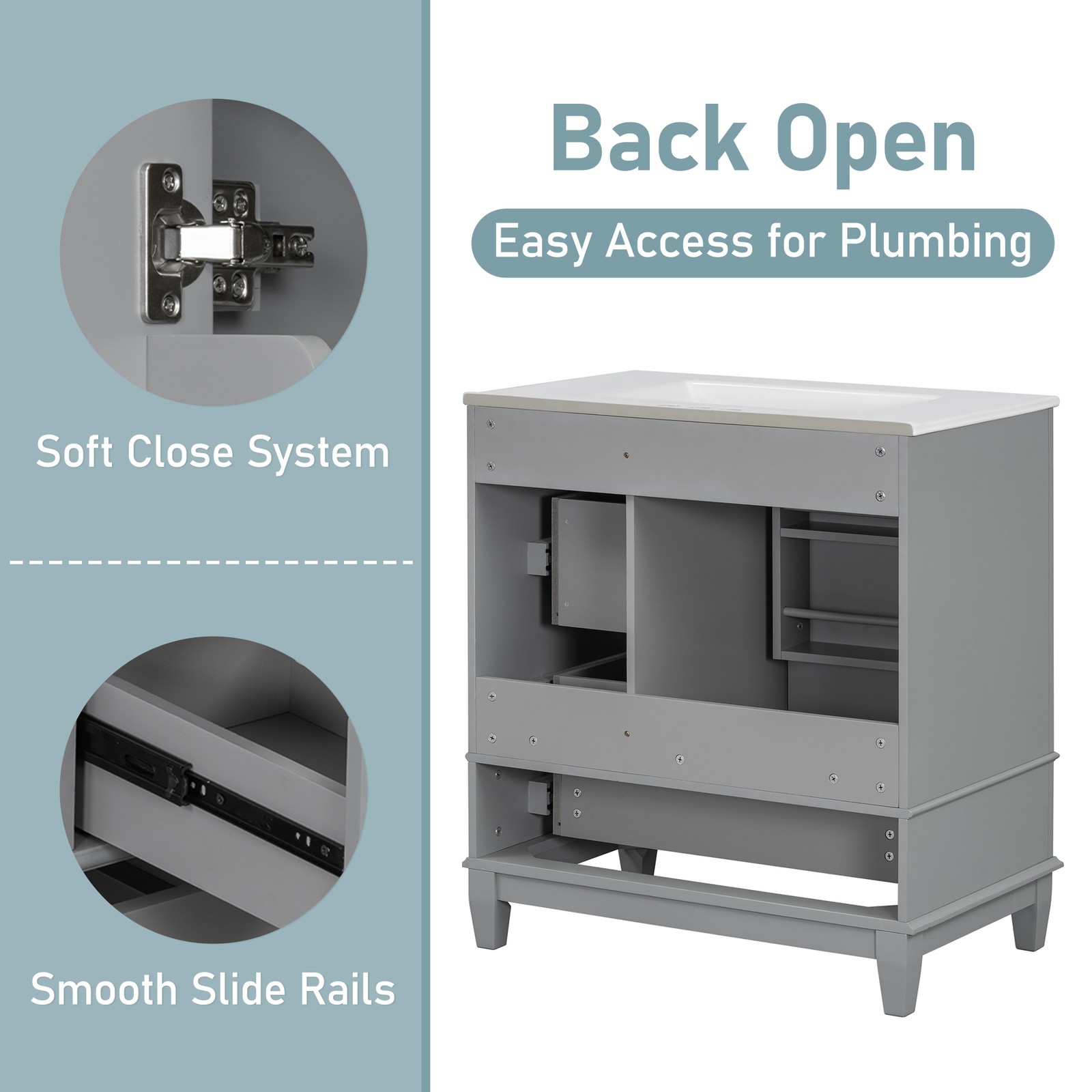30″ Bathroom Vanity with Sink, Soft Close Door, Grey