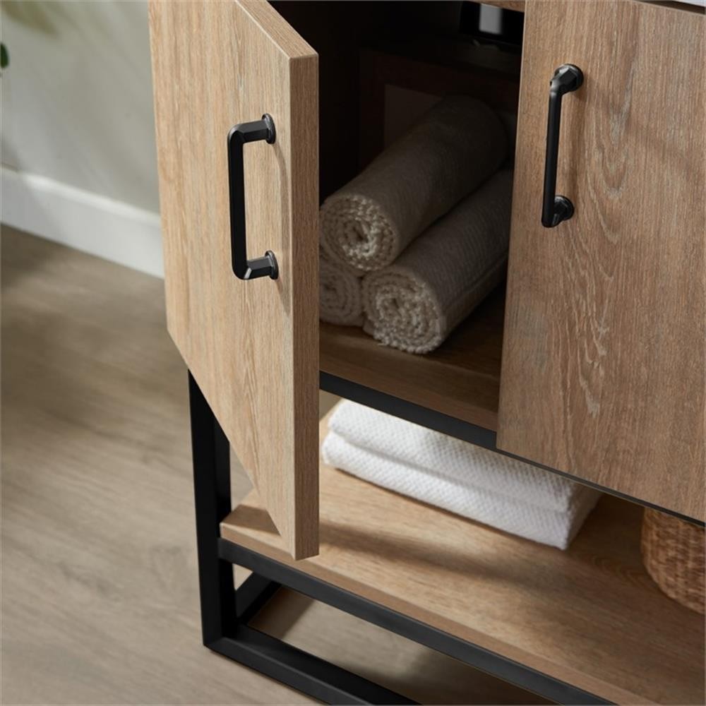 Pemberly Row 24″ White Stone Top Oak Single Vanity Black Frame with o Mirror