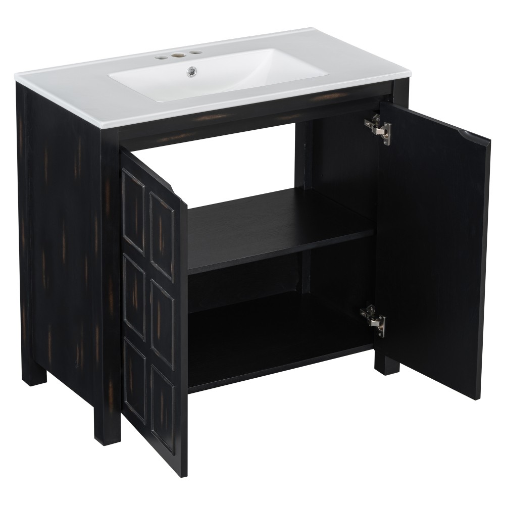 36″ Vintage Bathroom Vanity w/Ceramic Sink,Solid Wood Frame,Soft Close Doors