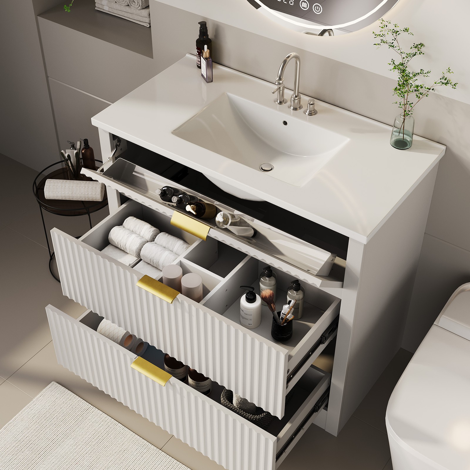 36” Fluted Bathroom Vanity Modern Freestanding Cabinet with Sink & 3 Drawers