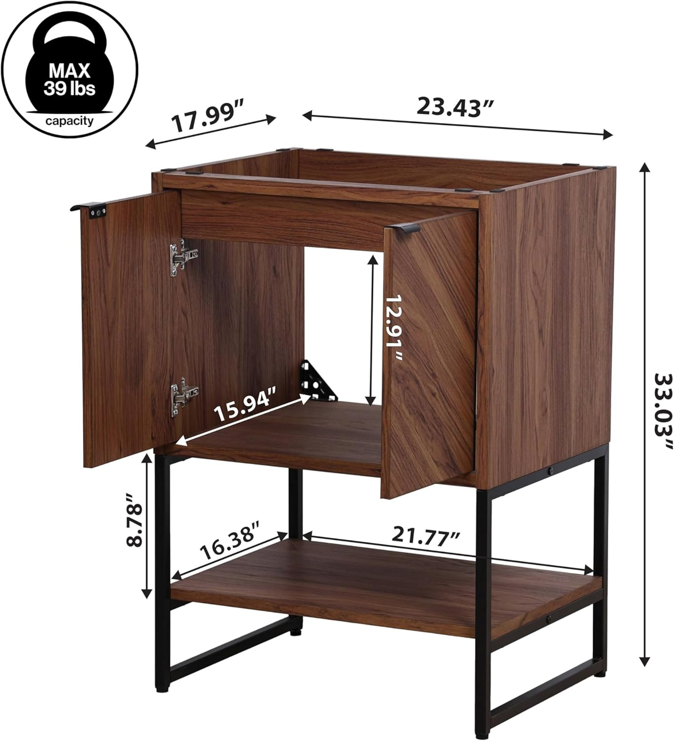 Modern Walnut 2-Shelf Bathroom Vanity Cabinet with Soft Close Doors