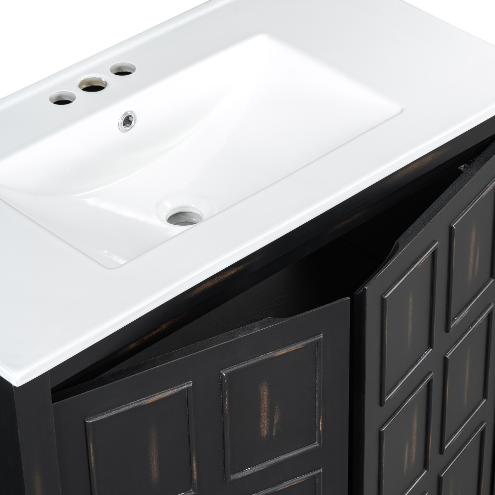 36″ Vintage Bathroom Vanity w/Ceramic Sink,Solid Wood Frame,Soft Close Doors