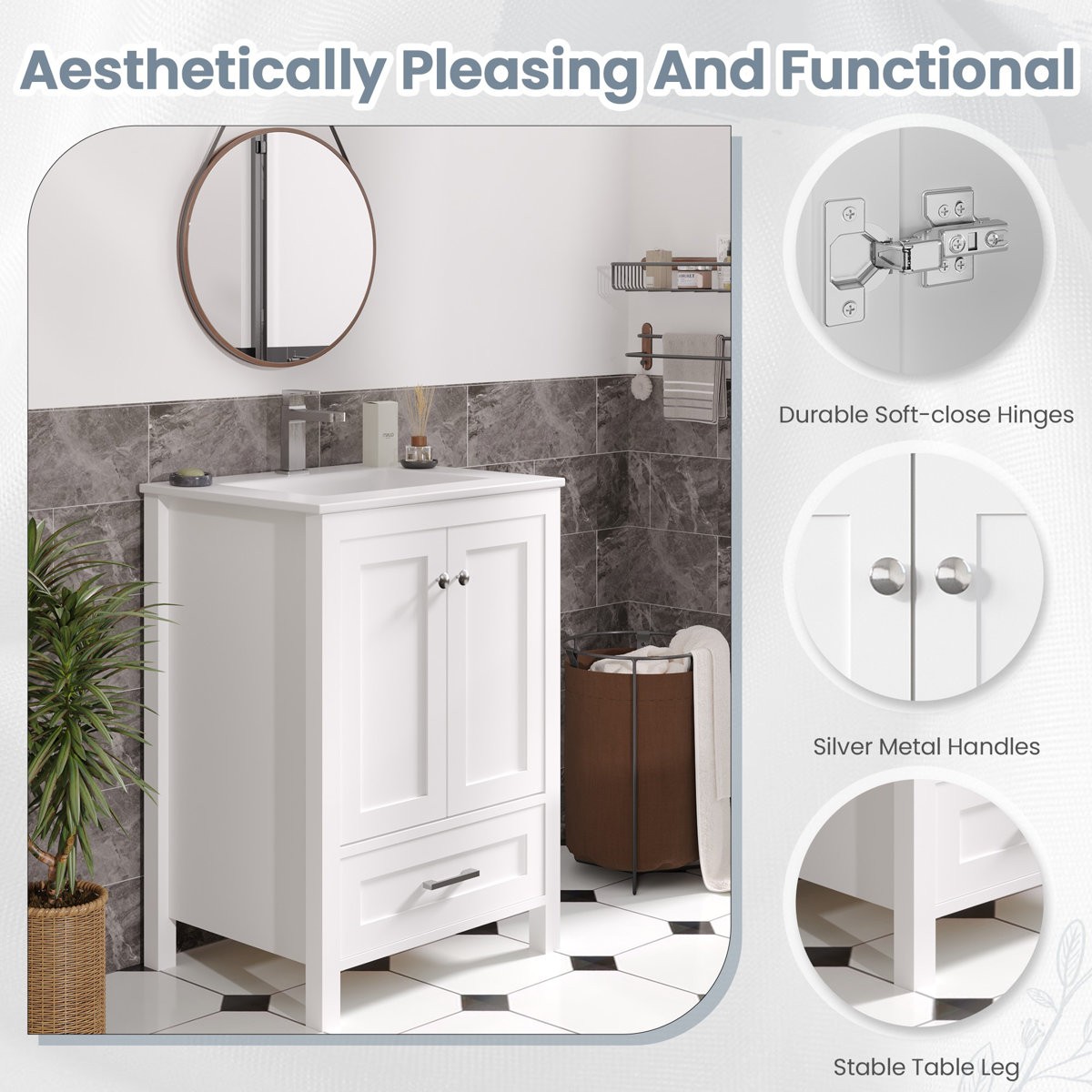 24″ Single Bathroom Vanity with Sink Ceramic Top Modern White Cabinet Drawers