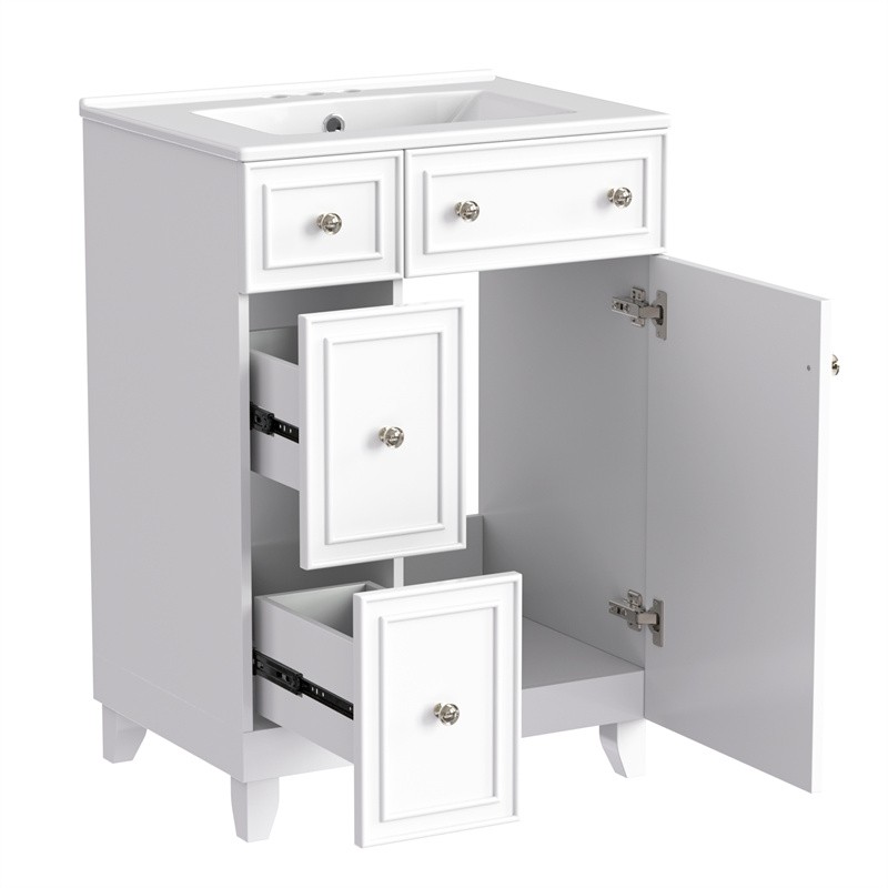 24″ White Bathroom Vanity Cabinet with Ceramic Sink,2 Drawers,1 Soft-Close Door