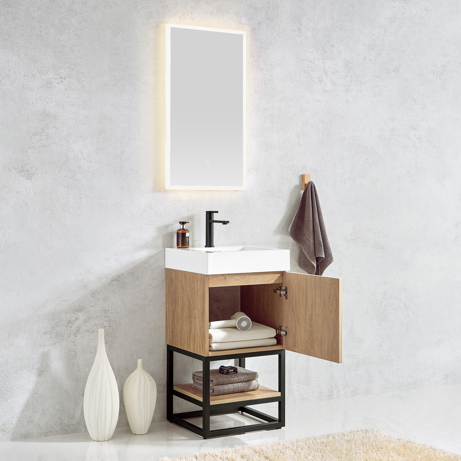 Vinnova Alistair 18″ White Stone Top Oak Single Vanity Black Frame w/o Mirror