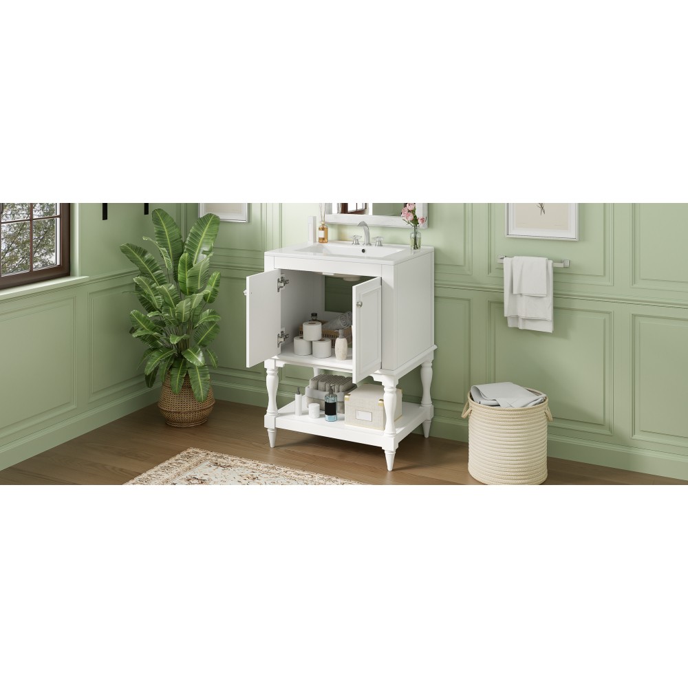 24″ Modern Bathroom Vanity w/ Ceramic Sink & Storage, White