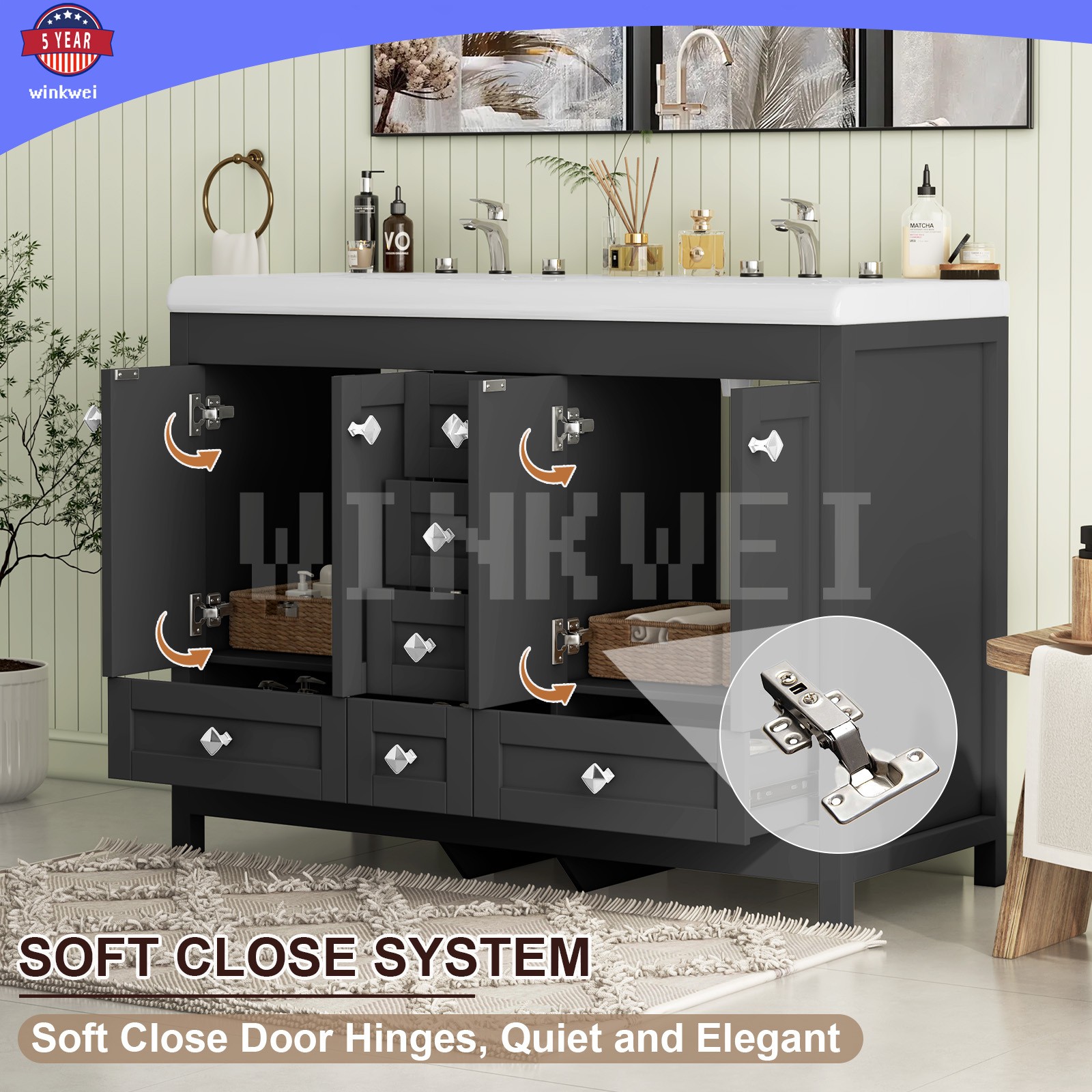 47.3″ Bathroom Vanity Cabinet w/ Double Ceramic Sinks ,2 Doors, 6 Drawers Black