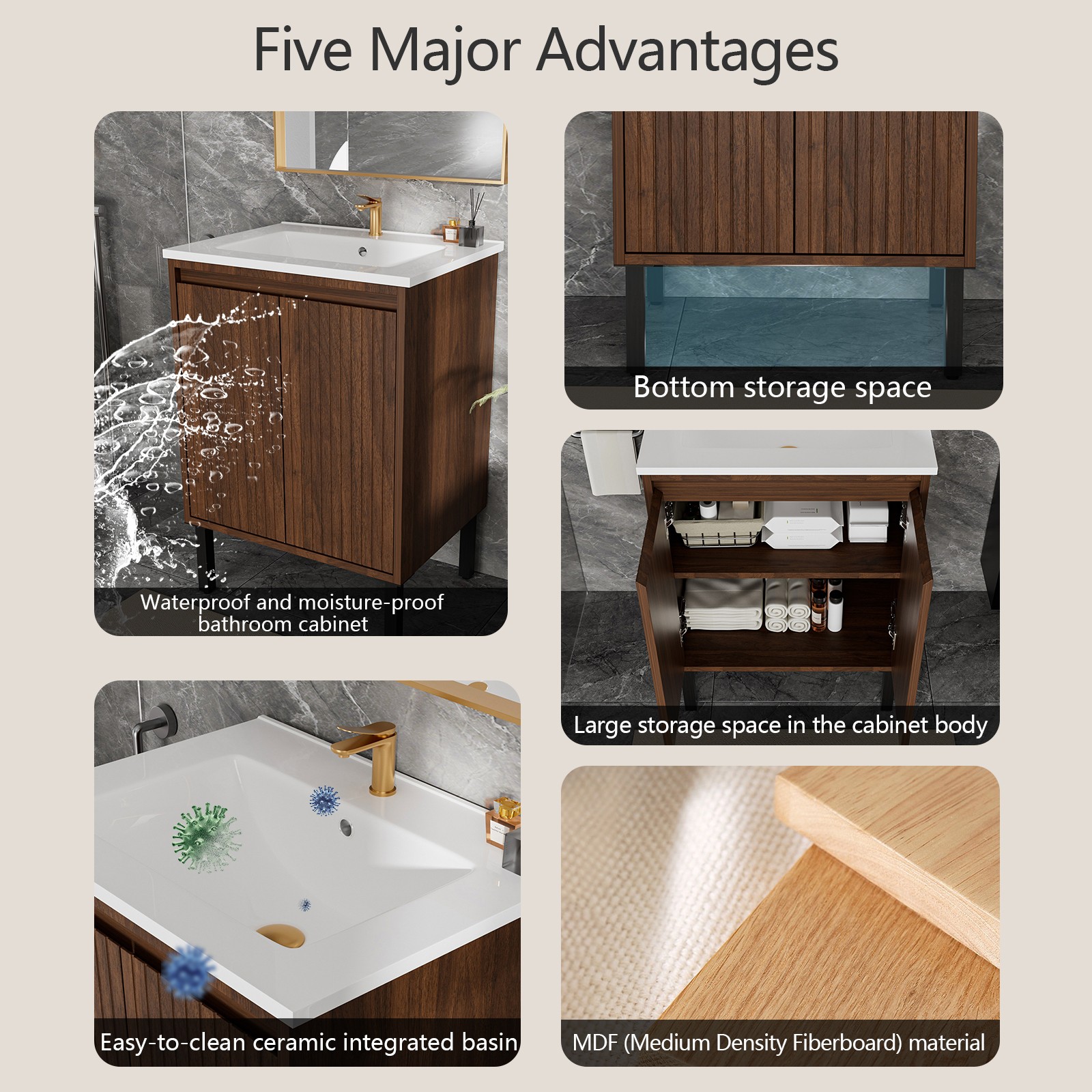 24″ Bathroom Vanity with White Sink Oak Finish Floor Standing