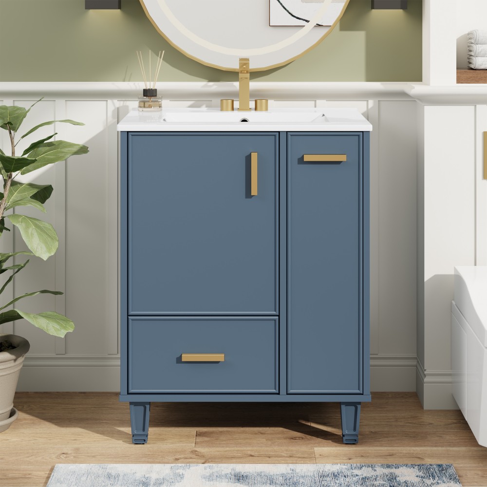 24″ Grey Blue Bathroom Vanity with Ceramic Sink Solid Wood Frame MDF Board