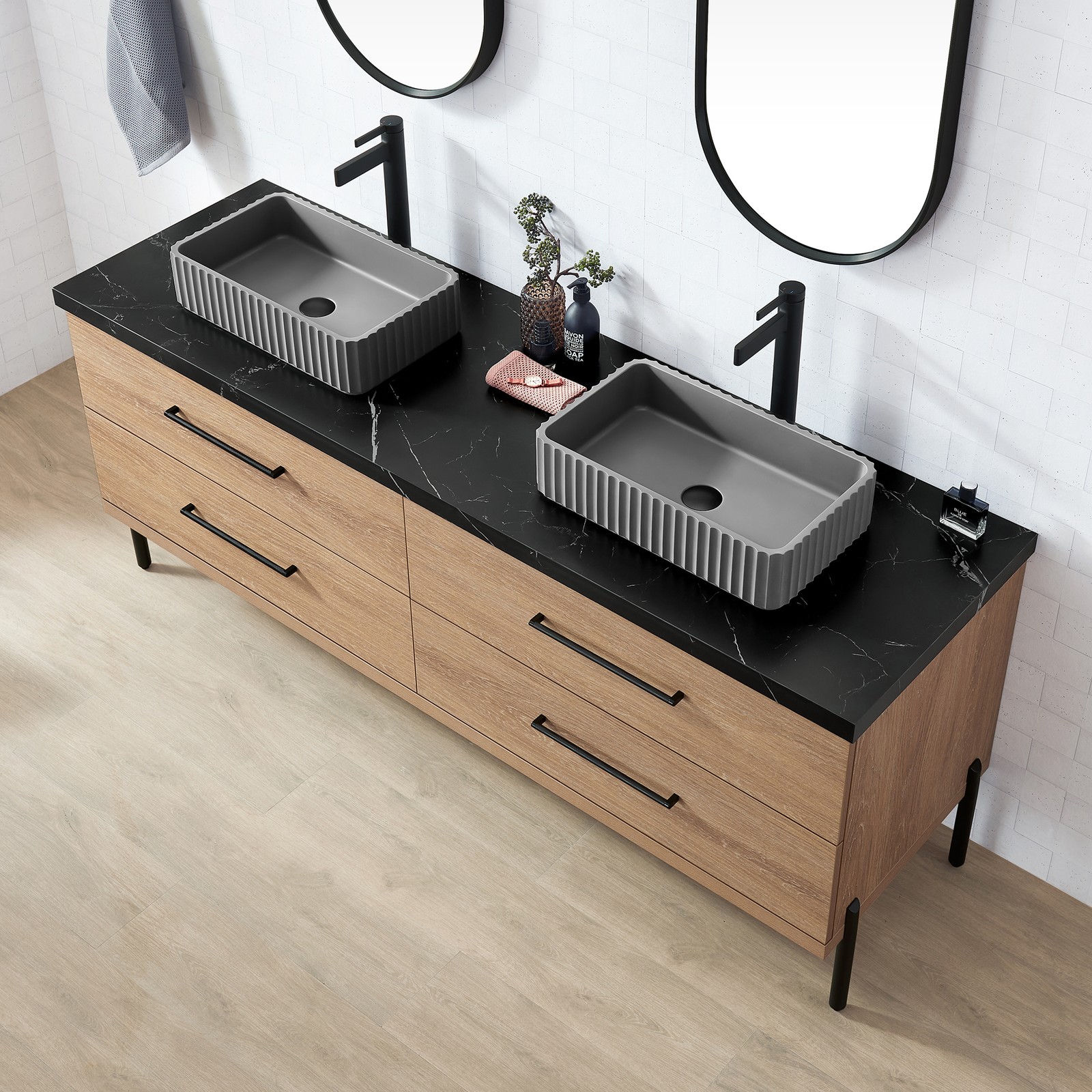 Trento 72″ Double Bath Vanity with Black Sintered Stone Top with Concrete Sink