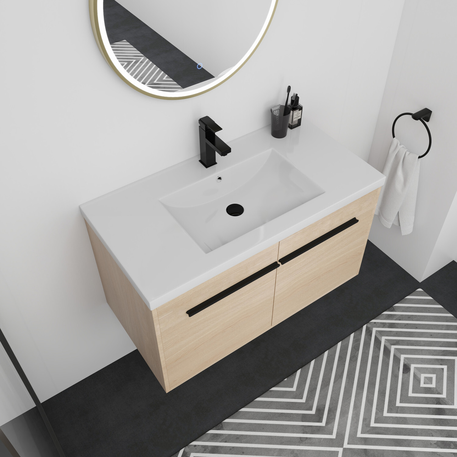 24″ 30″ 36″ Wall Mounted Bathroom Vanity with Sink, Floating Vanity Door Cabinet