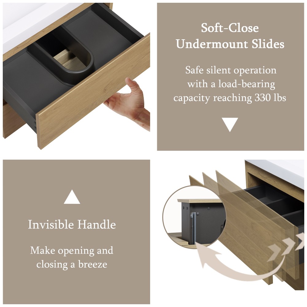 36″ Floating Vanity with Sink, Soft Close Drawers, Natural Oak Wall Cabinet